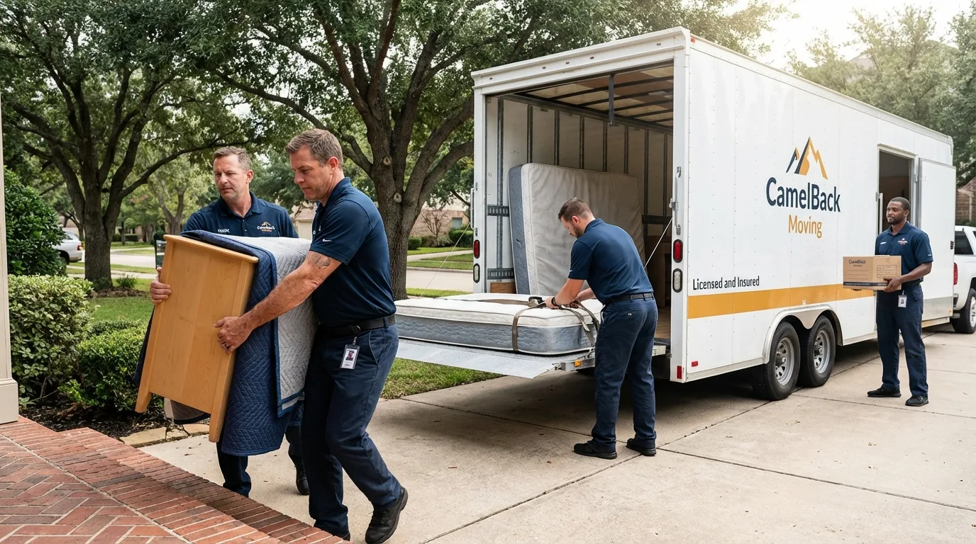 Crew loading residential truck for cross-state move from Oakley, CA