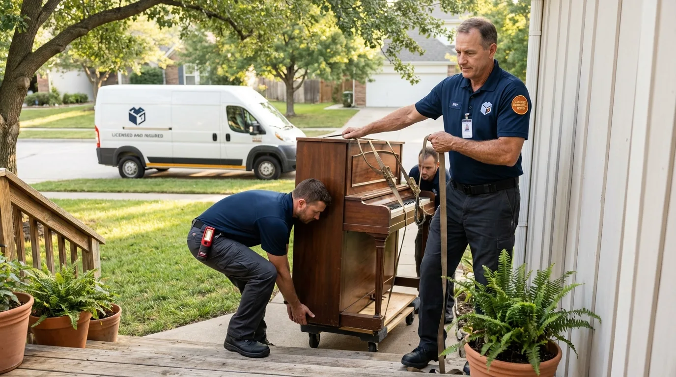 Licensed piano movers securing grand piano in Oakley, CA